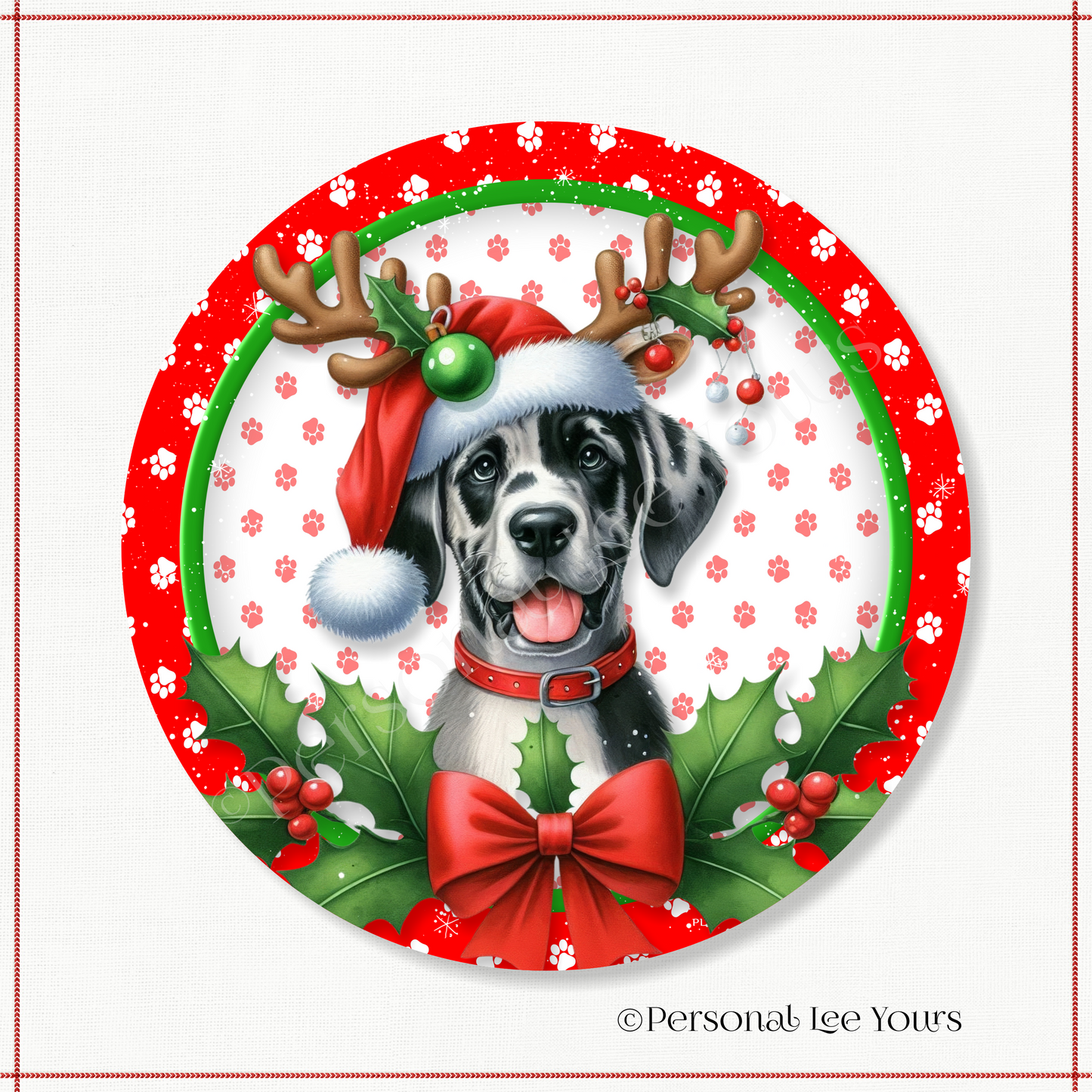 Holiday Wreath Sign * Christmas, Great Dane * Round * Lightweight Metal