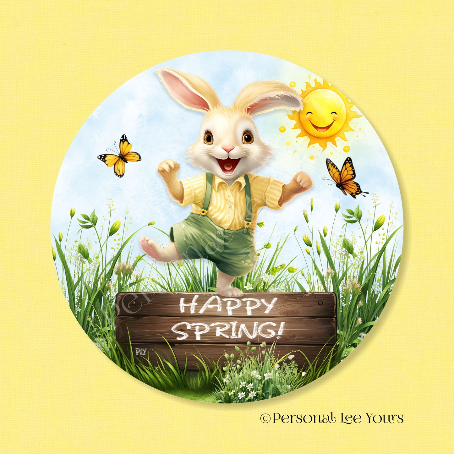 Wreath Sign * Happy Spring Bunny * Round * Lightweight Metal