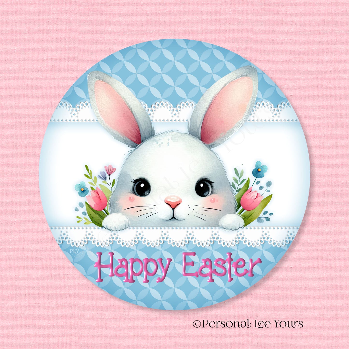 Wreath Sign * Happy Easter Peeking Bunny * Round * Lightweight Metal