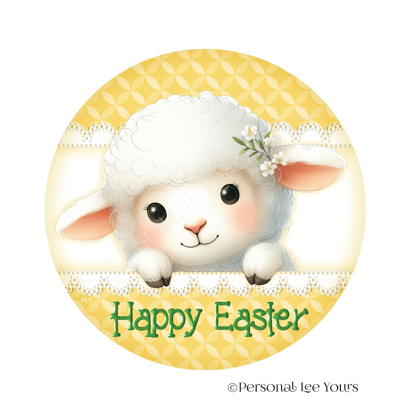 Wreath Sign * Happy Easter Peeking Lamb * Round * Lightweight Metal