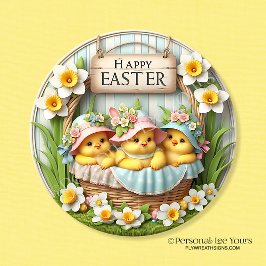 Wreath Sign * Happy Easter Baby Chicks * Round * Lightweight Metal