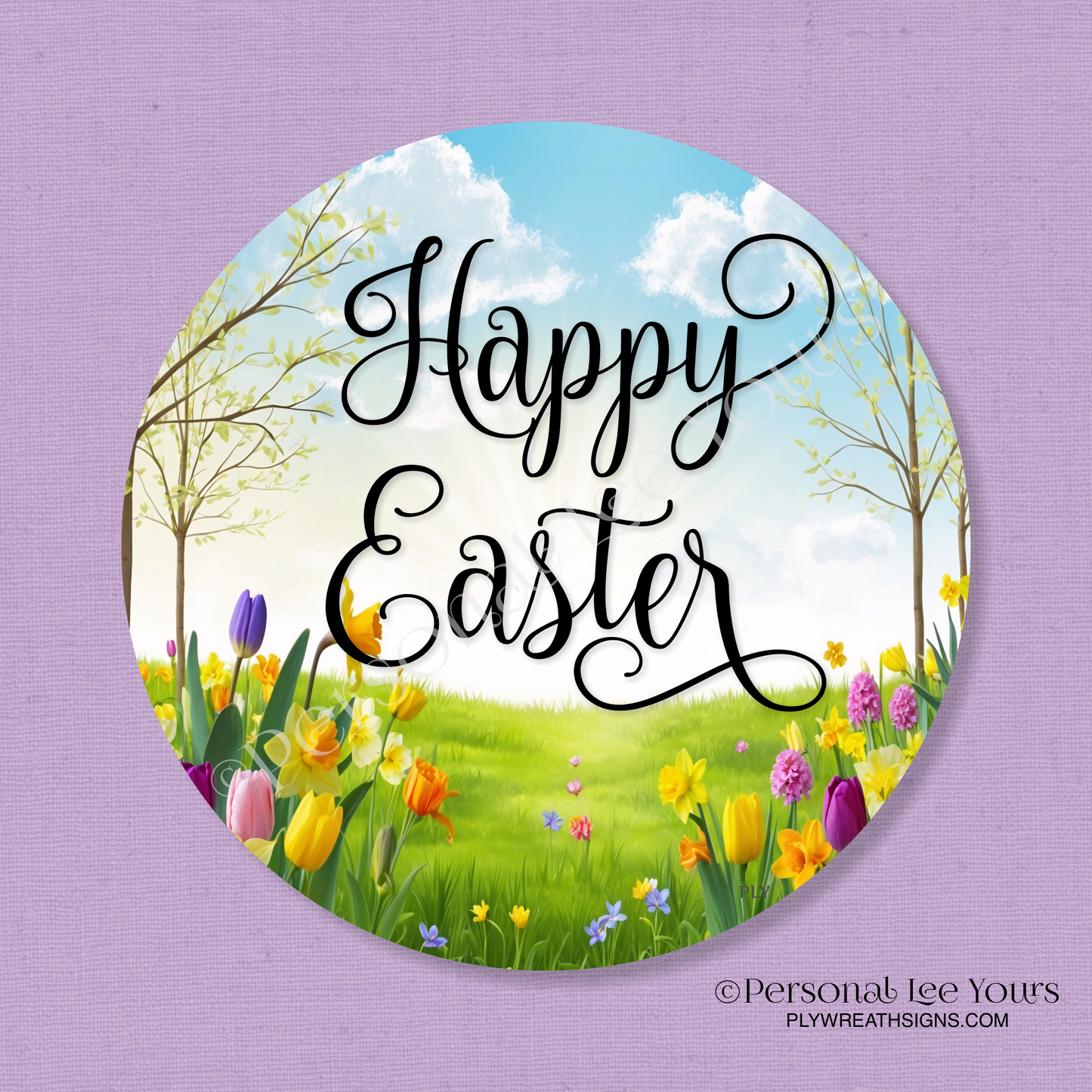 Wreath Sign * Happy Easter, Flower Feild * Round * Lightweight Metal