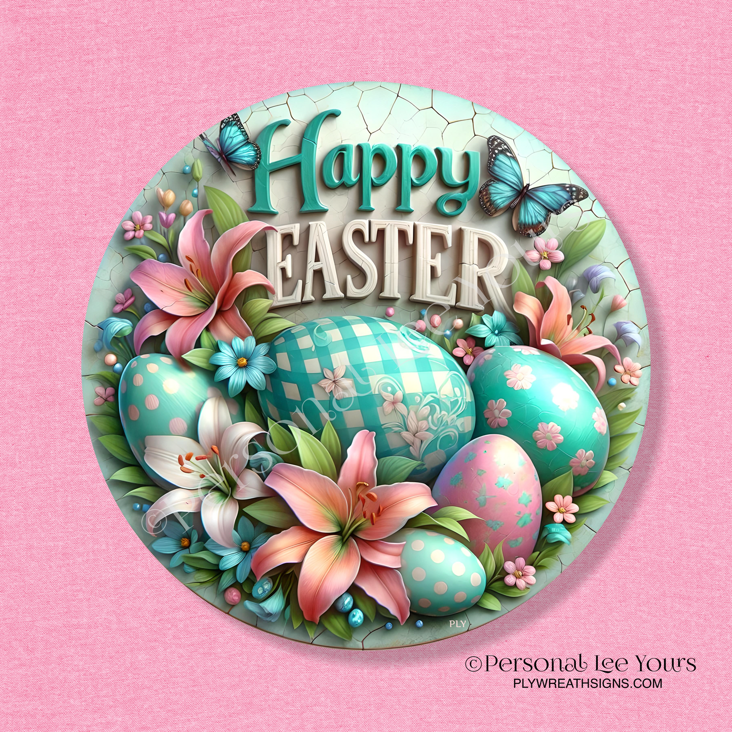 Wreath Sign * Happy Easter, Painted Eggs * Round * Lightweight Metal