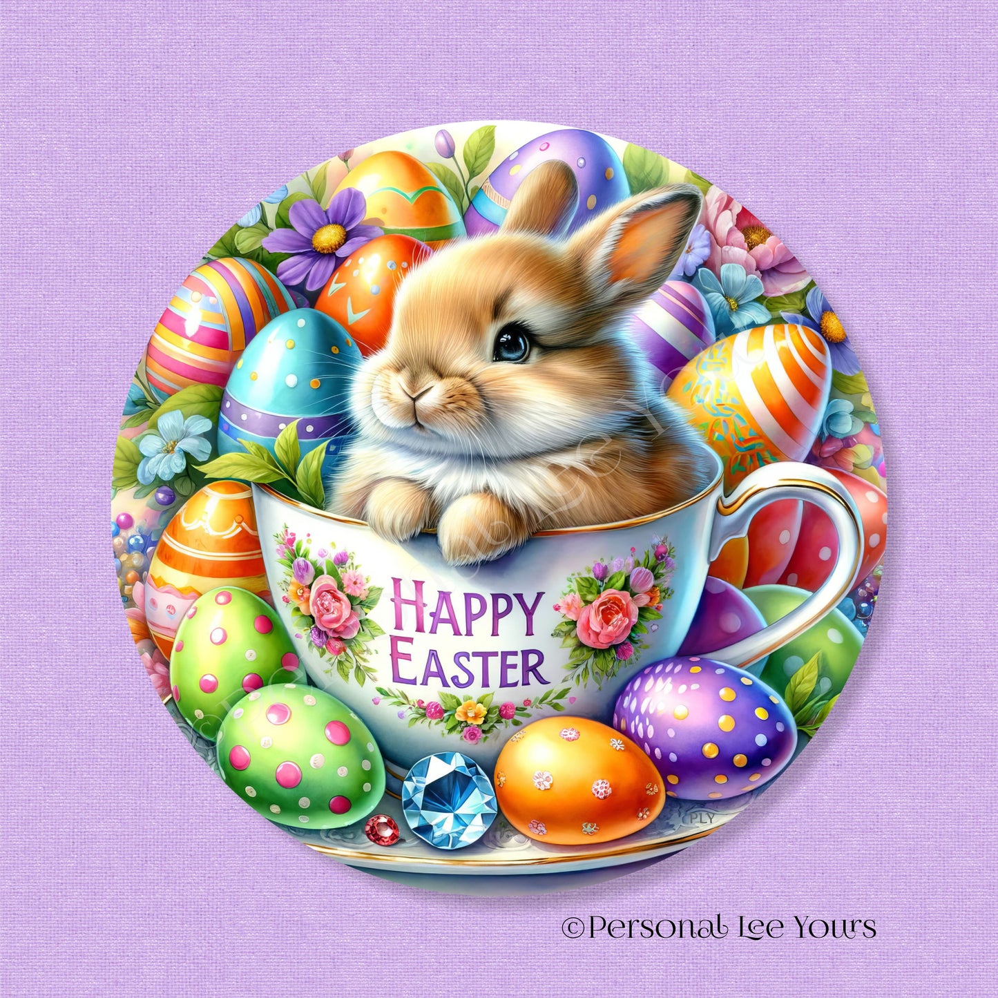 Wreath Sign * Happy Easter, Bunny In Cup * Round * Lightweight Metal