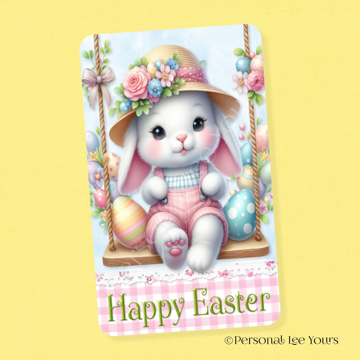 Wreath Sign * Happy Easter, Bunny On Swing * Vertical * Lightweight Metal