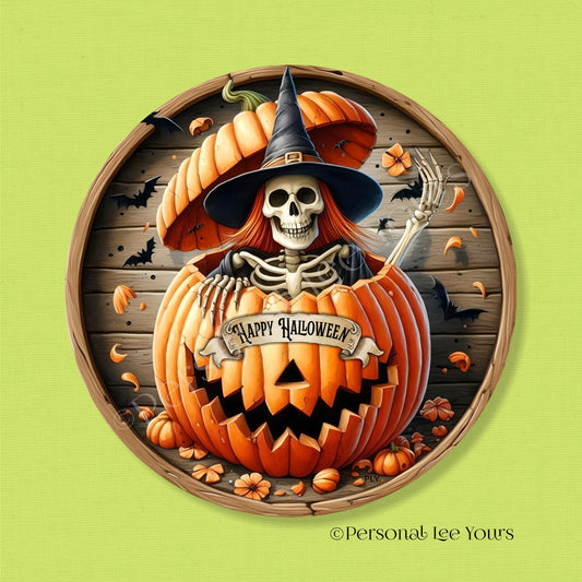 Wreath Sign * Happy Halloween, Skeleton Witch * Round * Lightweight Metal