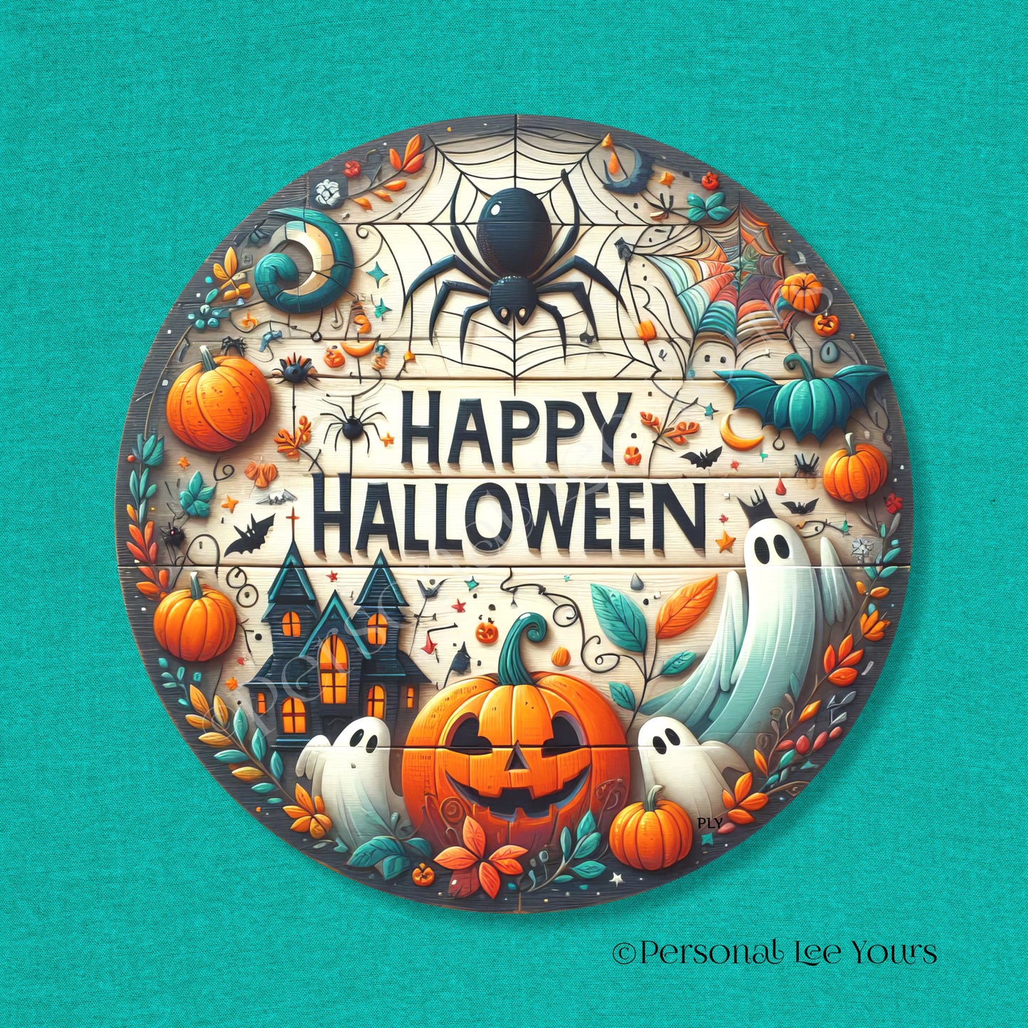 Wreath Sign * Happy Halloween With A Touch Of Teal * Round * Lightweight Metal