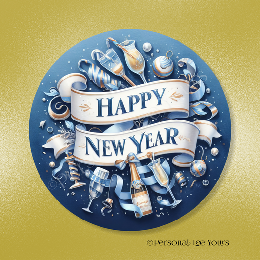 Holiday Wreath Sign * Happy New Year, Blue and Gold * Round * Lightweight Metal