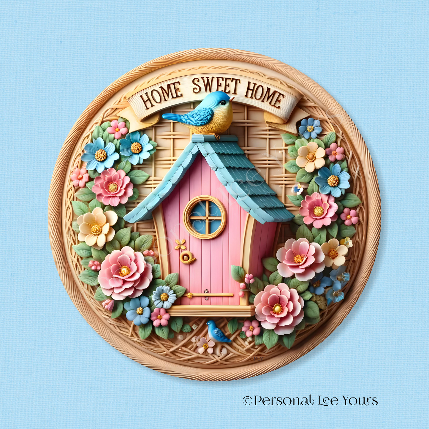 Wreath Sign * Home Sweet Home Pink Birdhouse * Round * Lightweight Metal