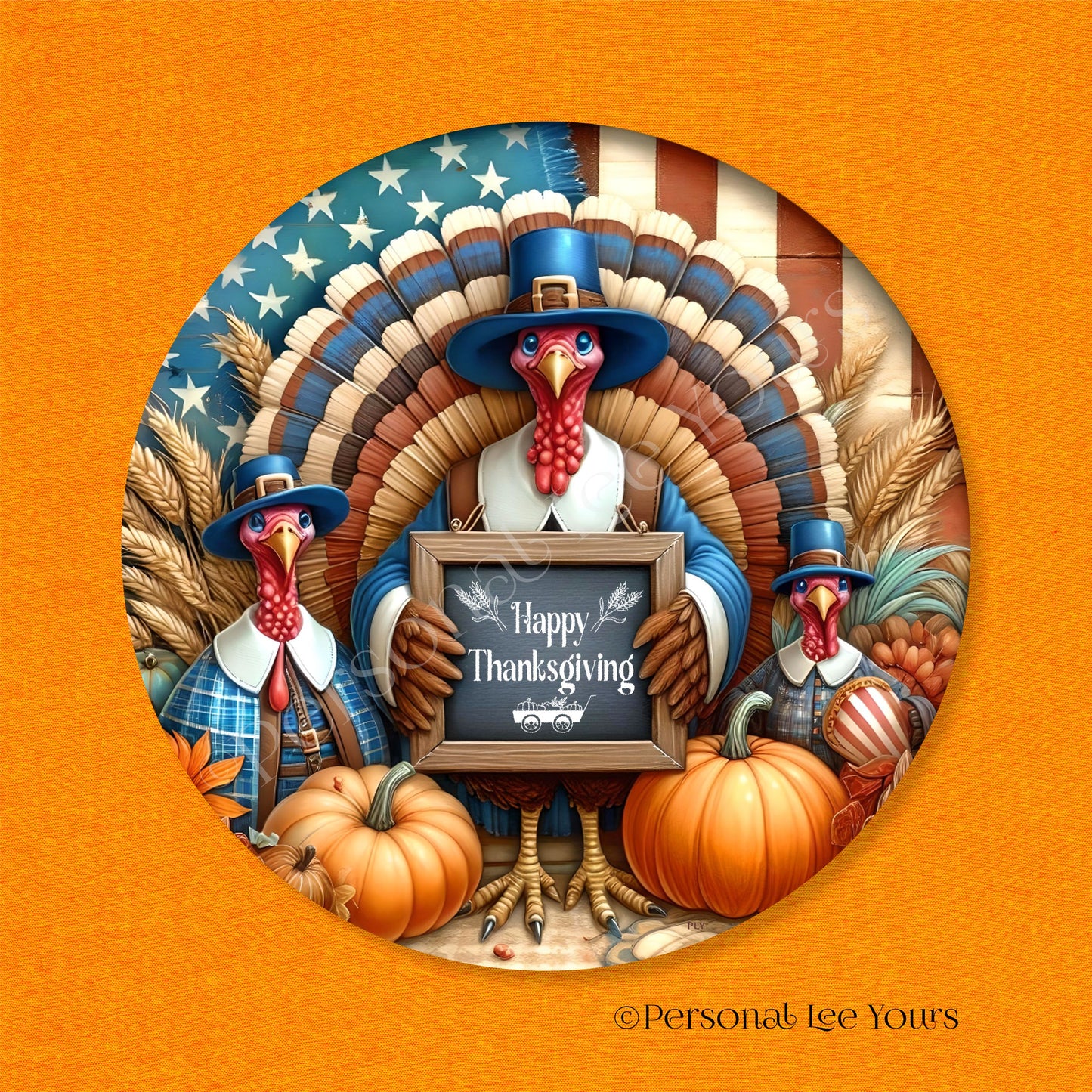 Wreath Sign * Happy Thanksgiving Patriotic Turkeys * Round * Lightweight Metal