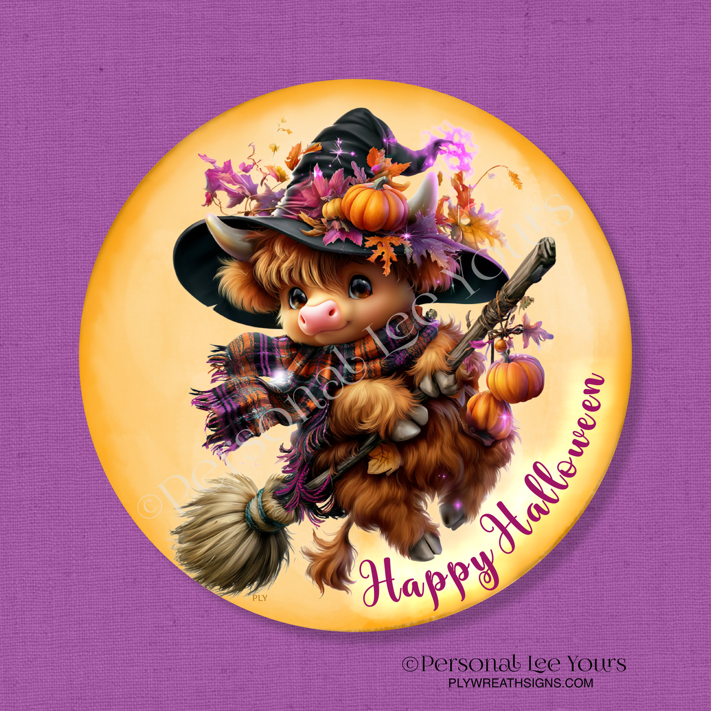 Wreath Sign * Halloween Flight Highland Cow  * Round * Lightweight Metal