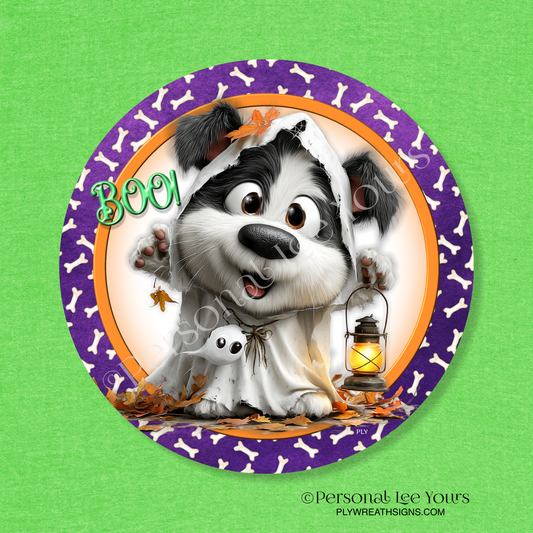 Wreath Sign * Halloween Puppy Ghost  * Round * Lightweight Metal