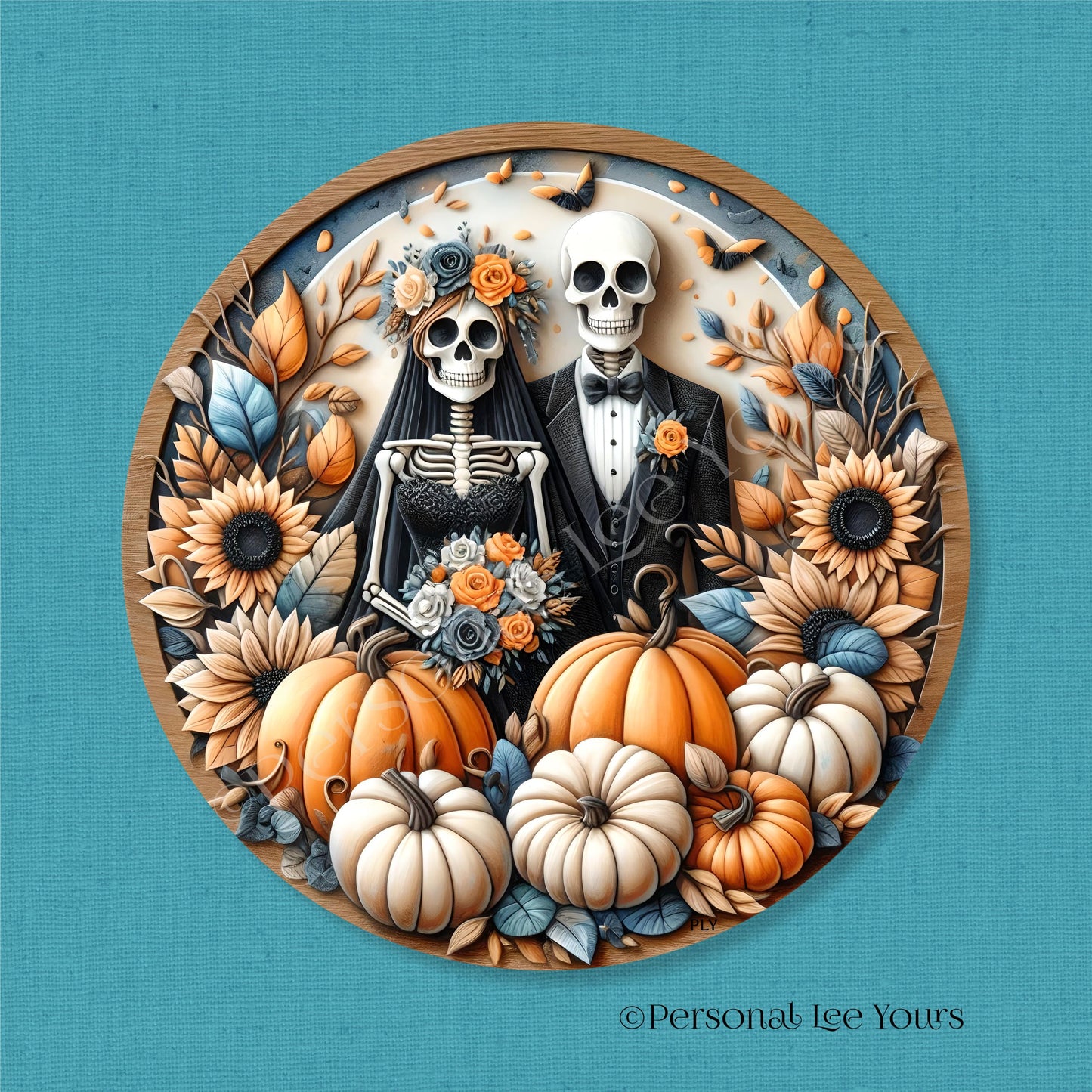 Wreath Sign * Halloween Skeleton Couple * Round * Lightweight Metal