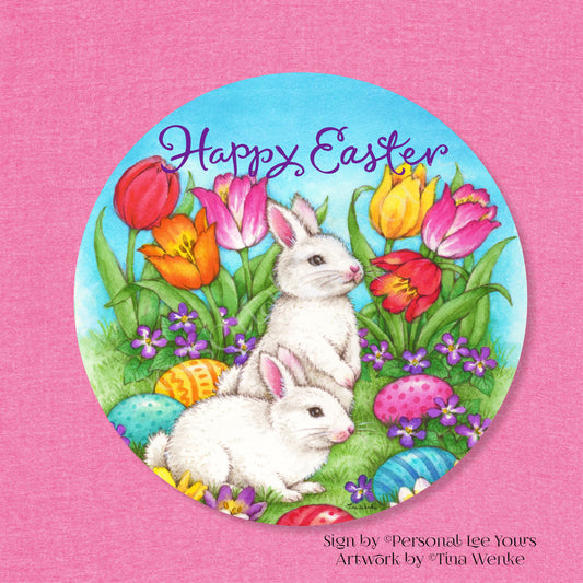 Tina Wenke Exclusive Sign * Happy Easter ~ Bunnies in the Garden * Round * Lightweight Metal