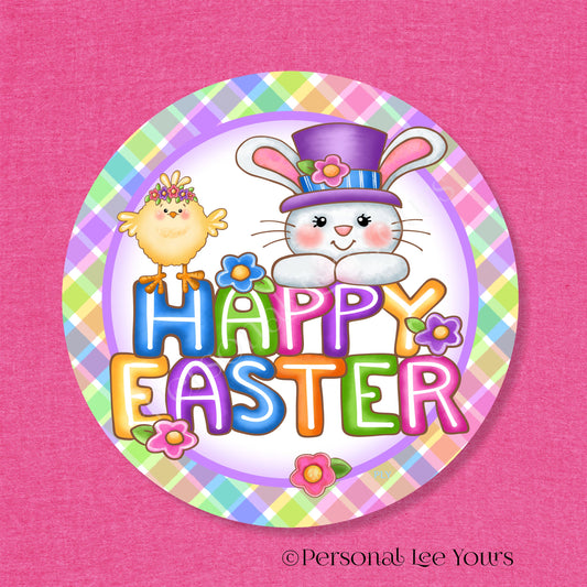 Easter Wreath Sign * Happy Easter Bunny and Chick * Round * Lightweight Metal