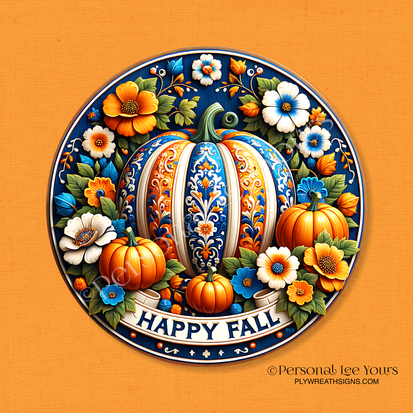 Wreath Sign *  Happy Fall Fancy Pumpkin * Round * Lightweight Metal