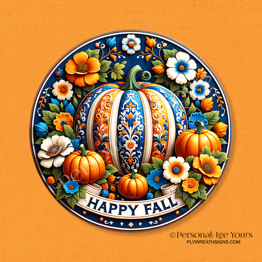 Wreath Sign *  Happy Fall Fancy Pumpkin * Round * Lightweight Metal