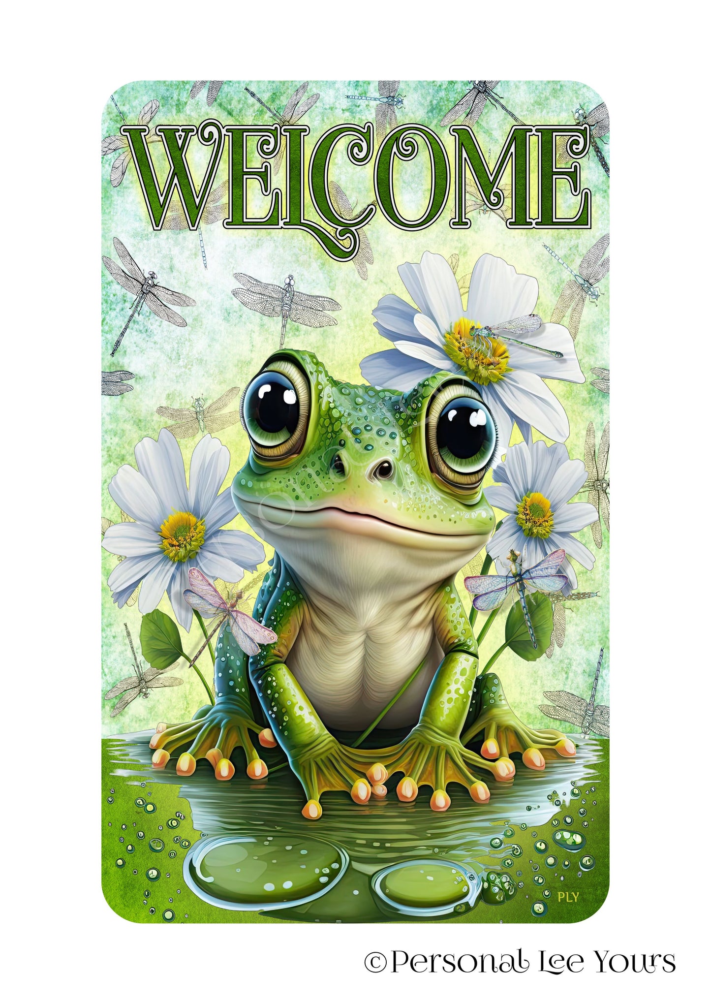 Wreath Sign * Happy Frog Welcome * 4 Sizes * Vertical * Lightweight Metal
