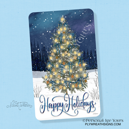 Nicole Tamarin Exclusive Sign * Happy Holidays Blue and Gold * Vertical * 3 Sizes * Lightweight Metal