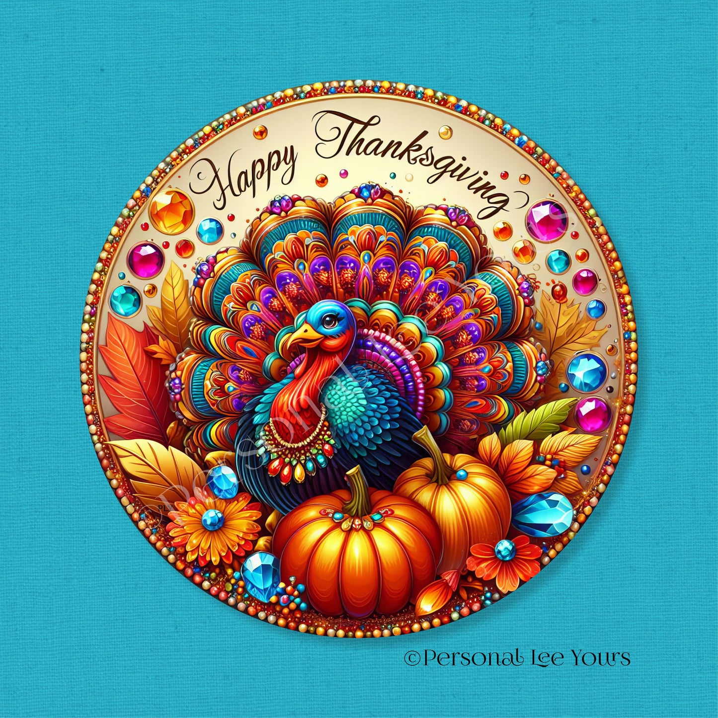 Wreath Sign * Happy Thanksgiving Jewels * Round * Lightweight Metal