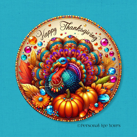 Wreath Sign * Happy Thanksgiving Jewels * Round * Lightweight Metal