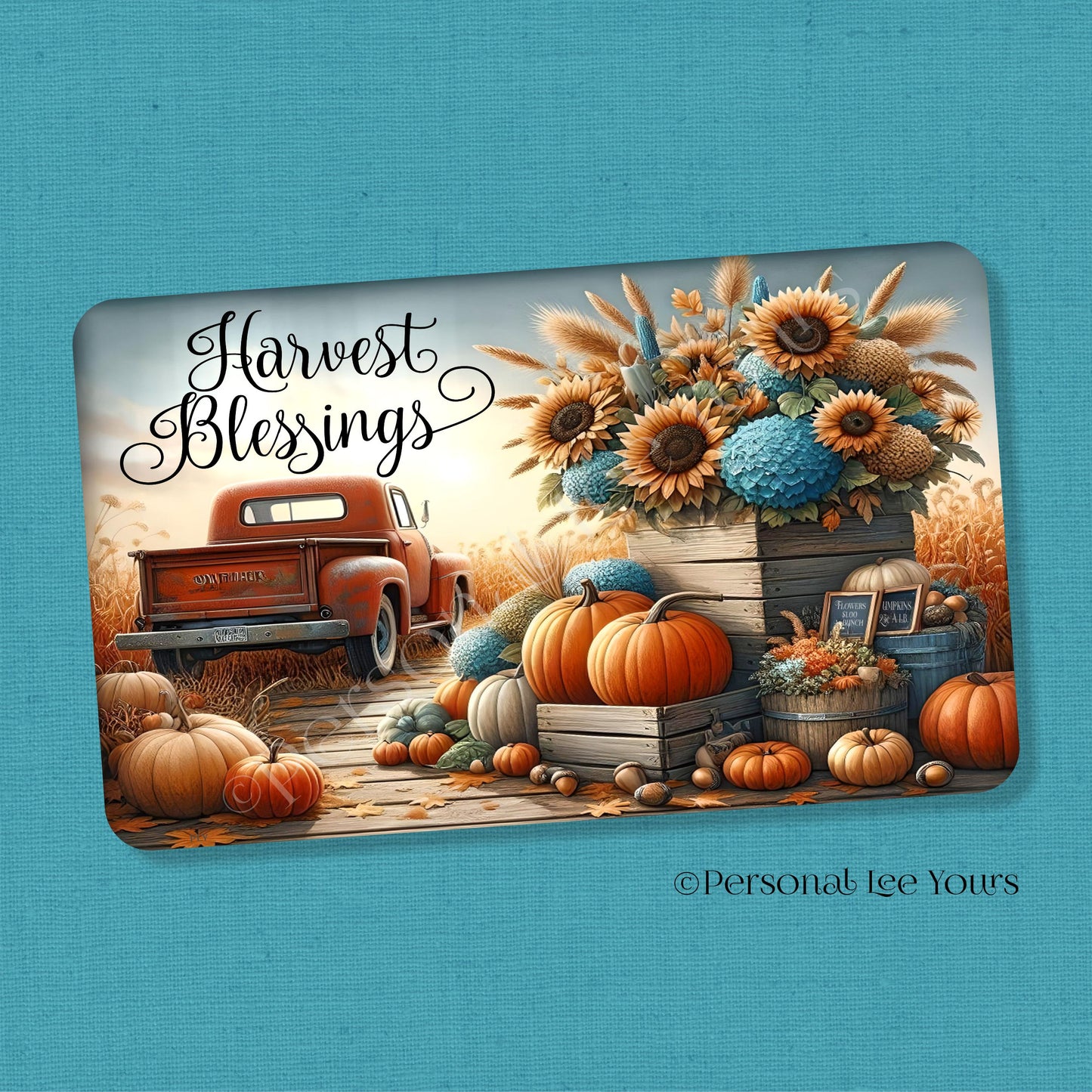 Autumn Wreath Sign * Harvest Blessings, Truck, Flowers and Pumpkins * Horizontal * 4 Sizes * Lightweight Metal