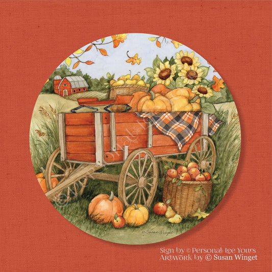 Susan Winget Exclusive Sign * Harvest Pumpkin Wagon * Round * Lightweight Metal