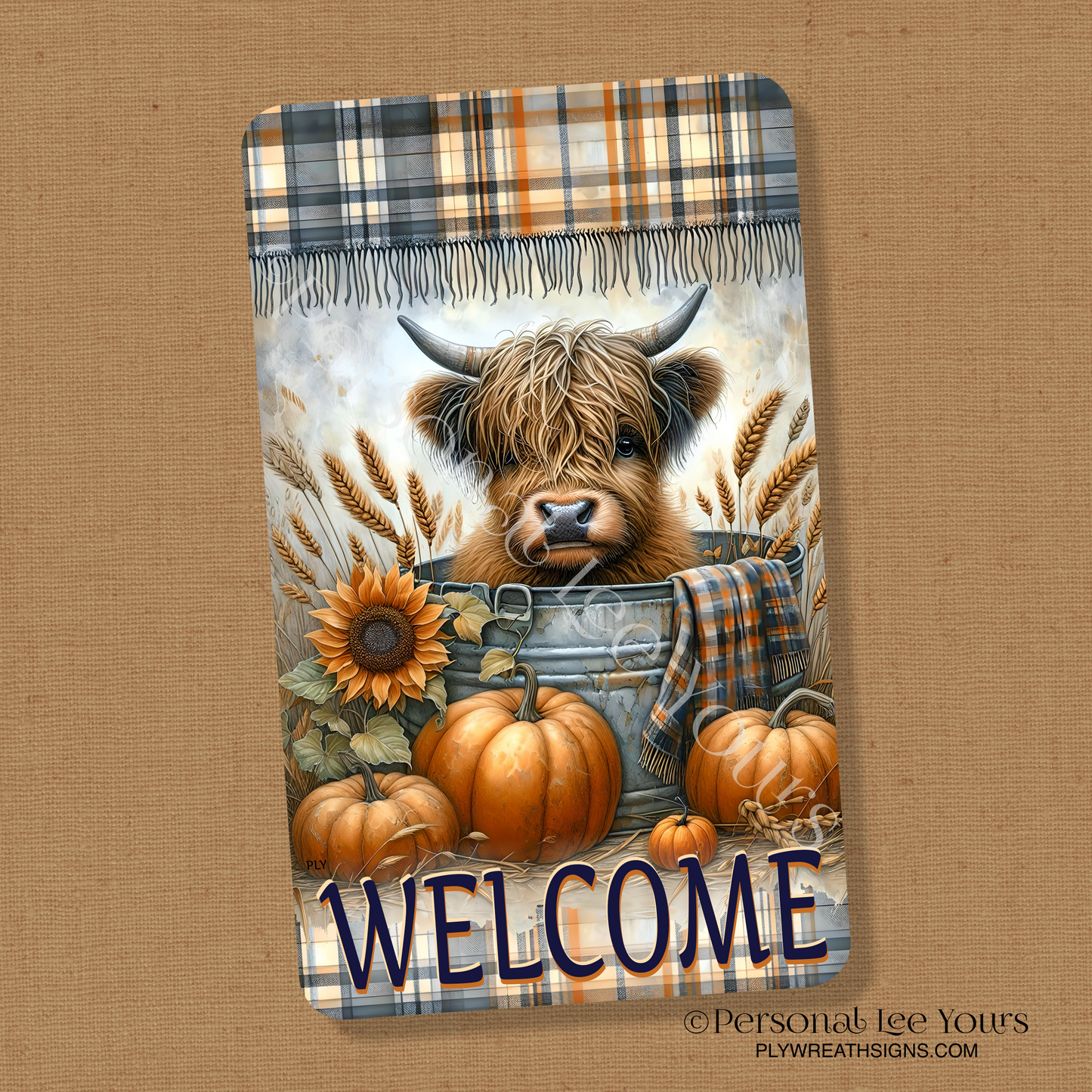 Wreath Sign * Highland Cow, Fall Welcome * Vertical * 3 Sizes * Lightweight Metal
