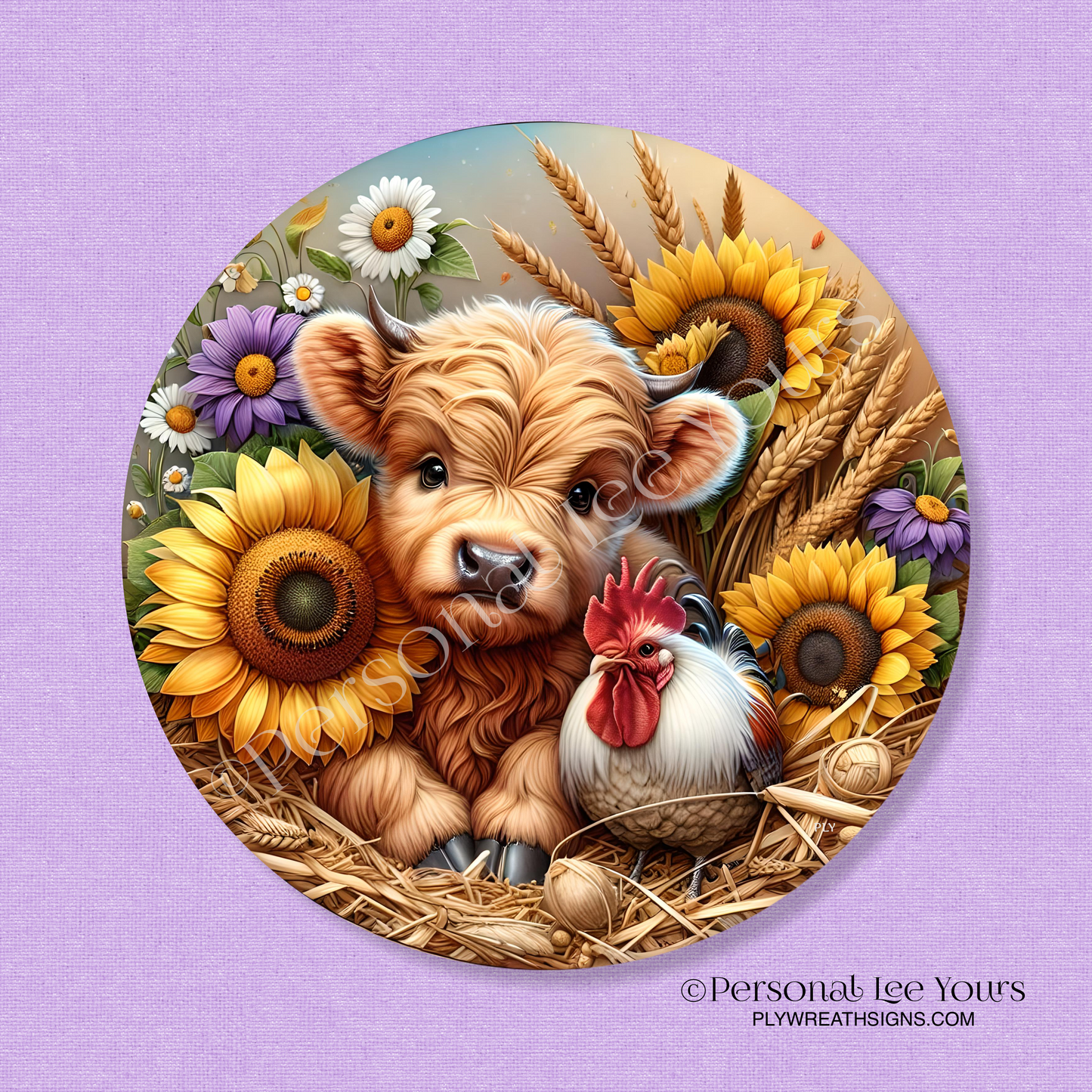 Wreath Sign * Best Friends, Highland Cow and Rooster * Round * Lightweight Metal