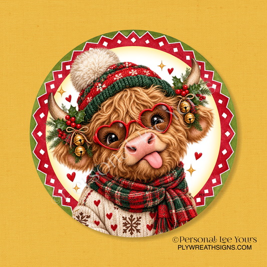Wreath Sign * Highland Cow Christmas * Round * Lightweight Metal
