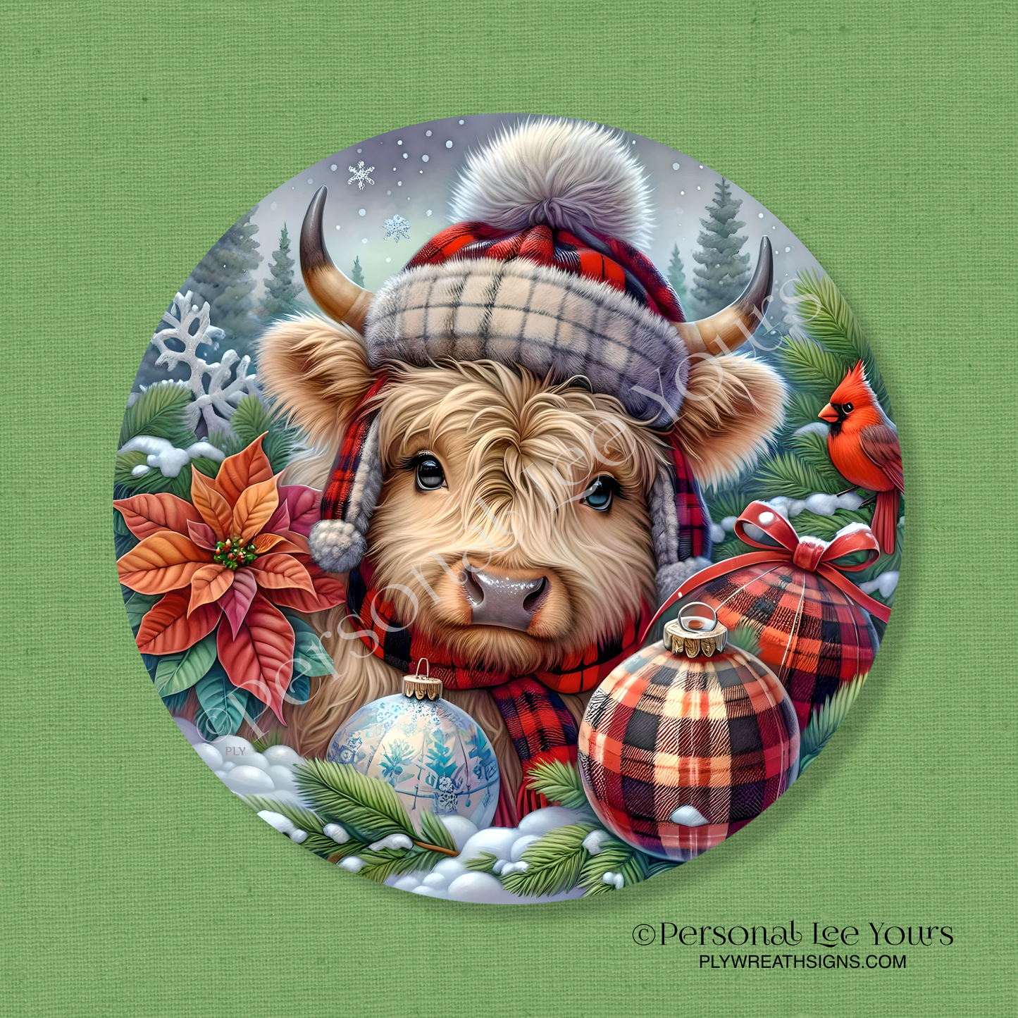 Holiday Wreath Sign * Highland Cow Christmas * Round * Lightweight Metal