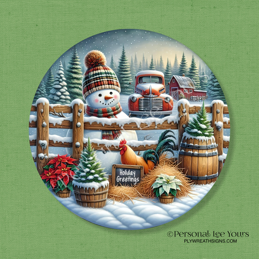 Winter Wreath Sign * Holiday Greetings, Snowman * Round * Lightweight Metal