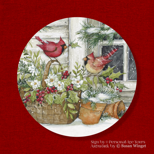 Susan Winget Exclusive Sign * Holly Basket Cardinals * Round * Lightweight Metal