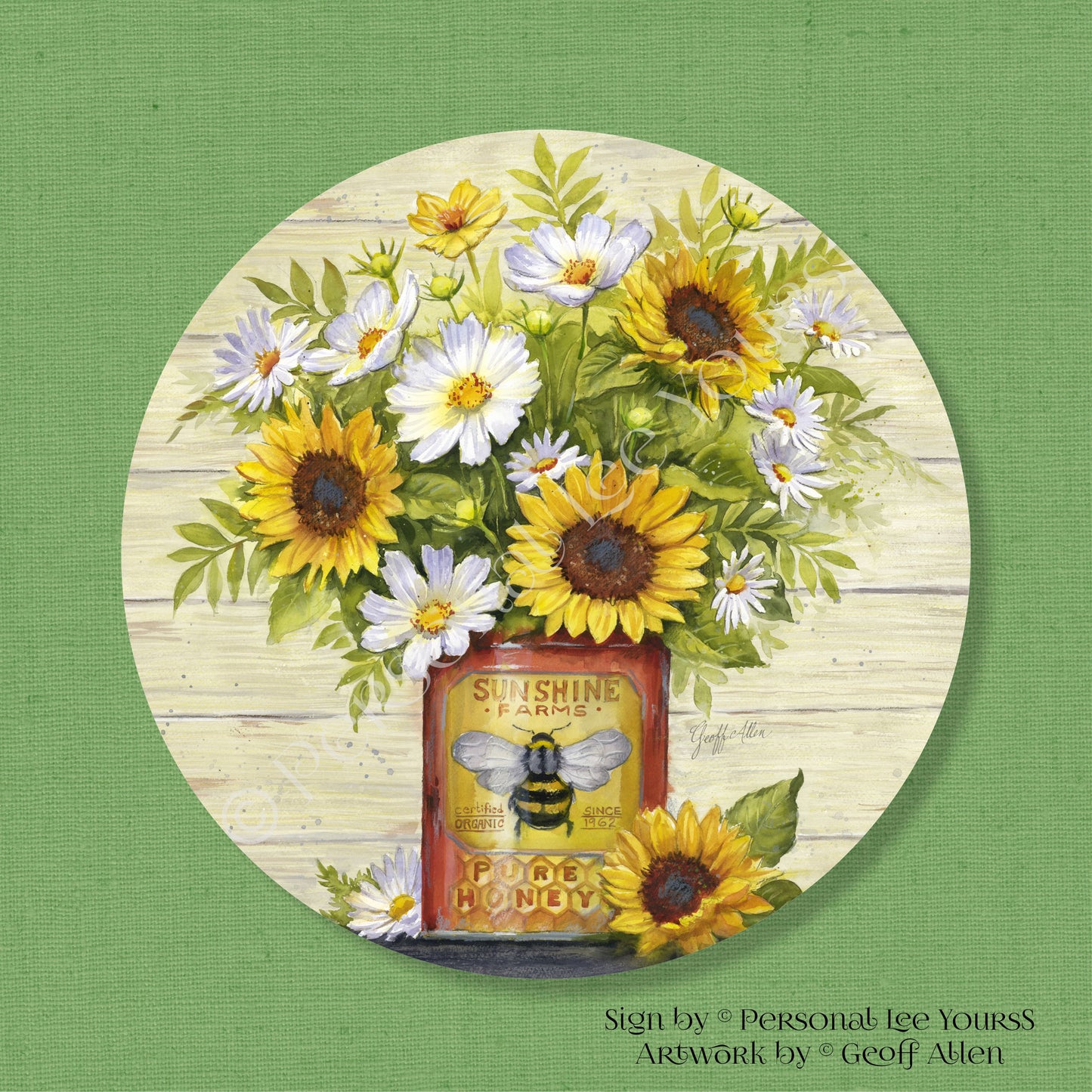 Geoff Allen Exclusive Sign * Honey Bee Tin * Sunflowers and Daisies * Round * Lightweight Metal