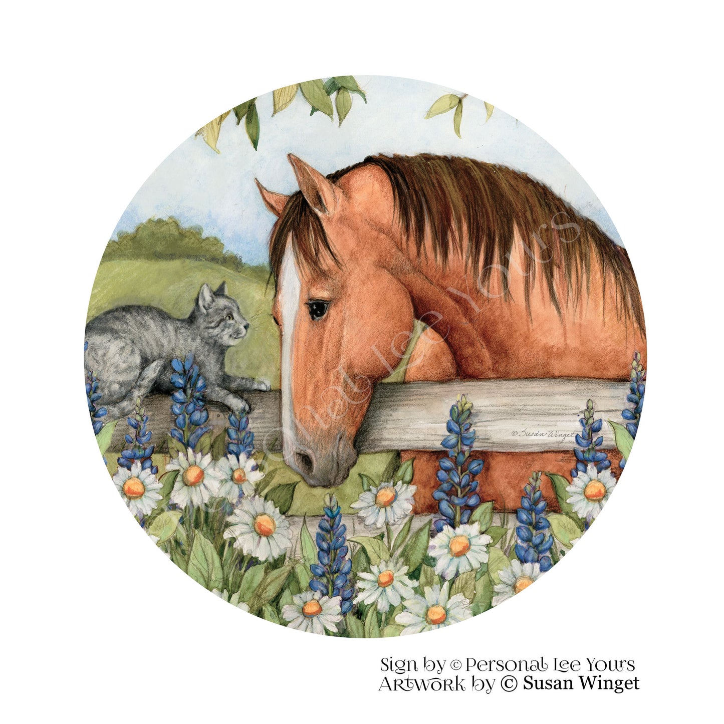 Susan Winget Exclusive Sign * Horse, Cat and Bluebonnets  *  Round * Lightweight Metal