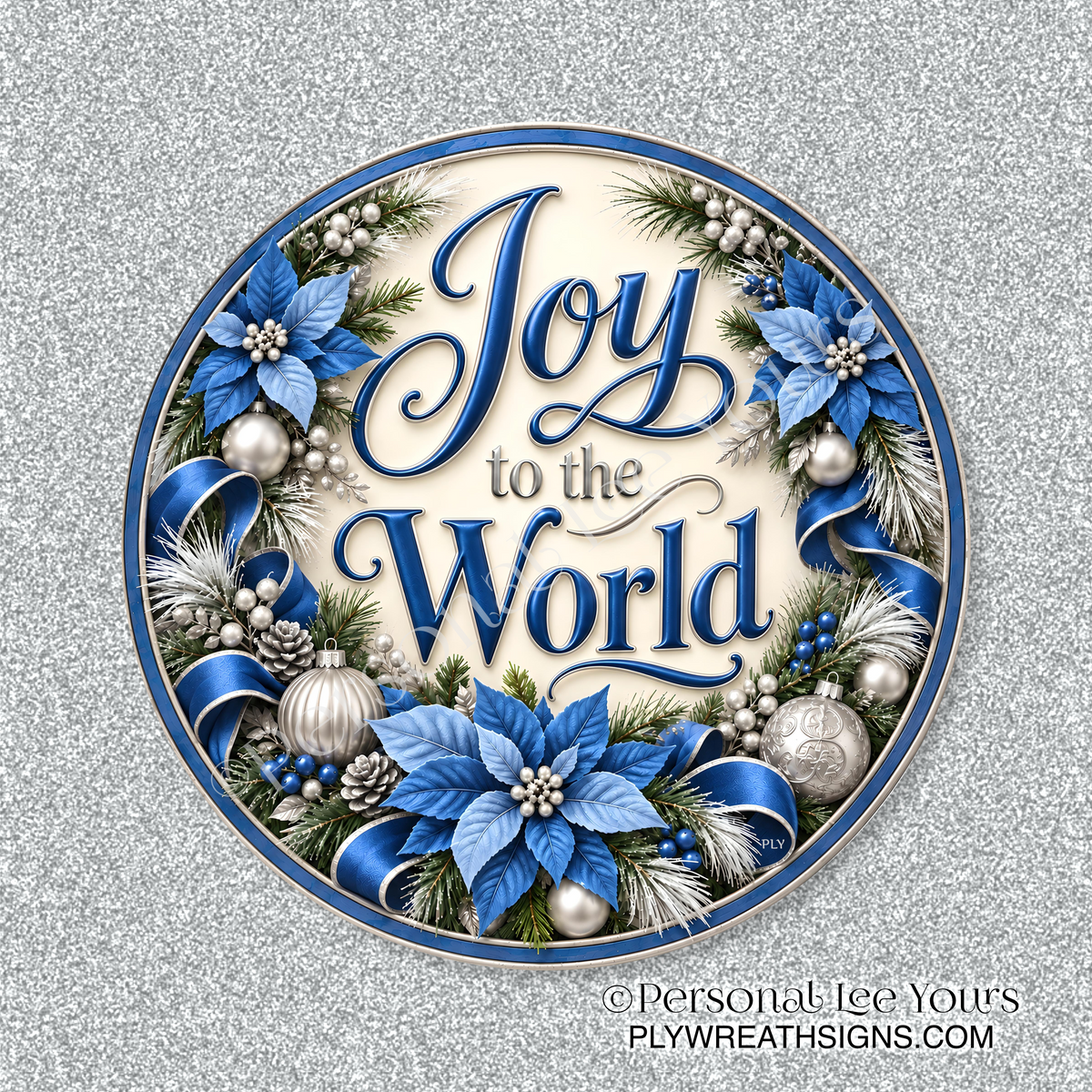 Holiday Wreath Sign * Joy To The World, Blue * Round * Lightweight Metal