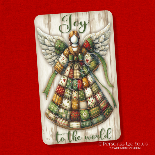 Wreath Sign * Joy To The World, Patchwork Angel * Vertical * 3 Sizes * Lightweight Metal