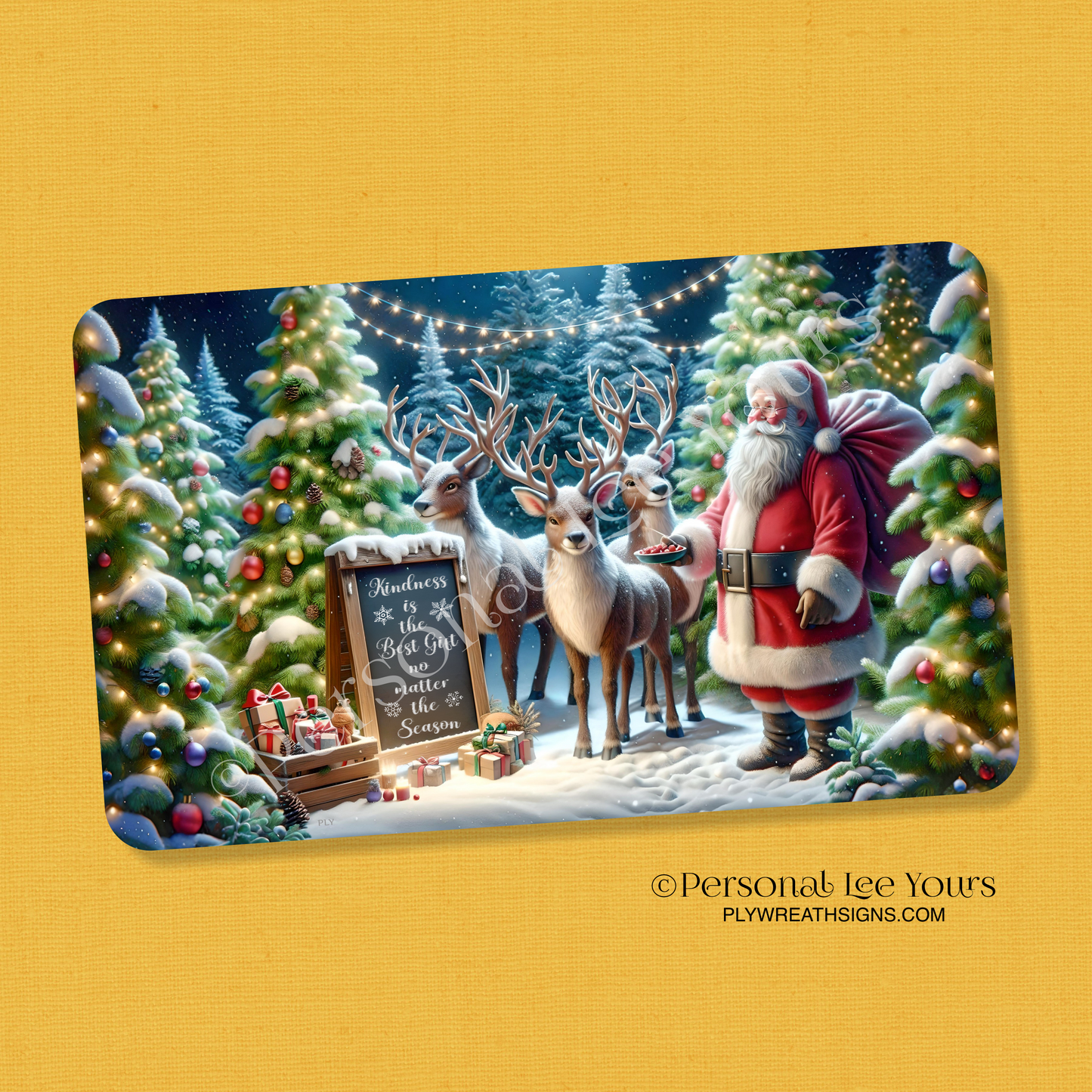Wreath Sign * Kindness, Santa and Reindeer * Horizontal * 3 Sizes * Lightweight Metal