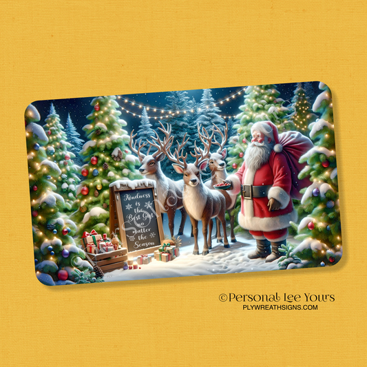 Wreath Sign * Kindness, Santa and Reindeer * Horizontal * 3 Sizes * Lightweight Metal