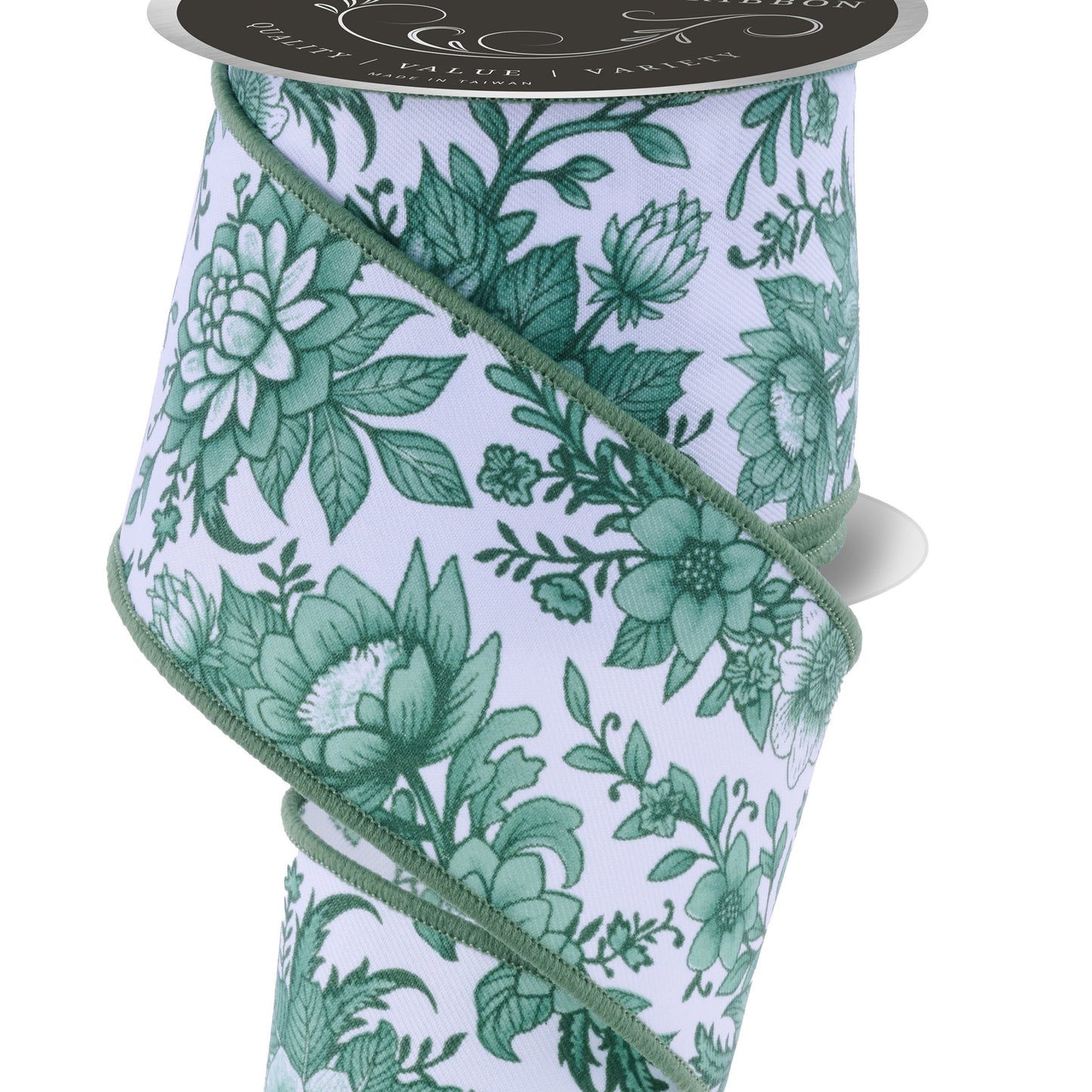 Brilliance Wired Ribbon * Chinoiserie Florals * White, Multi Sage * 2.5" x 10 Yards Canvas * LS300127