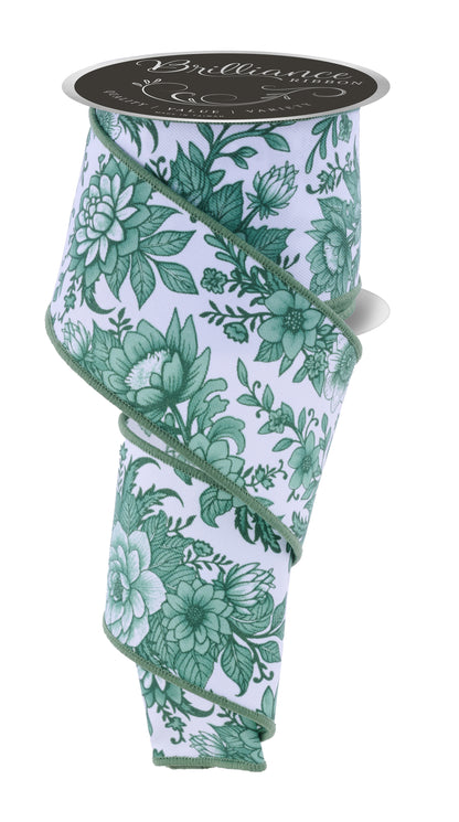 Brilliance Wired Ribbon * Chinoiserie Florals * White, Multi Sage * 2.5" x 10 Yards Canvas * LS300127