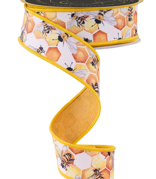 D'Lux Wired Ribbon * Honey Comb Bees/Fused/Double Sided * Mustard/Multi * 1.5" x 10 Yards * LX1025