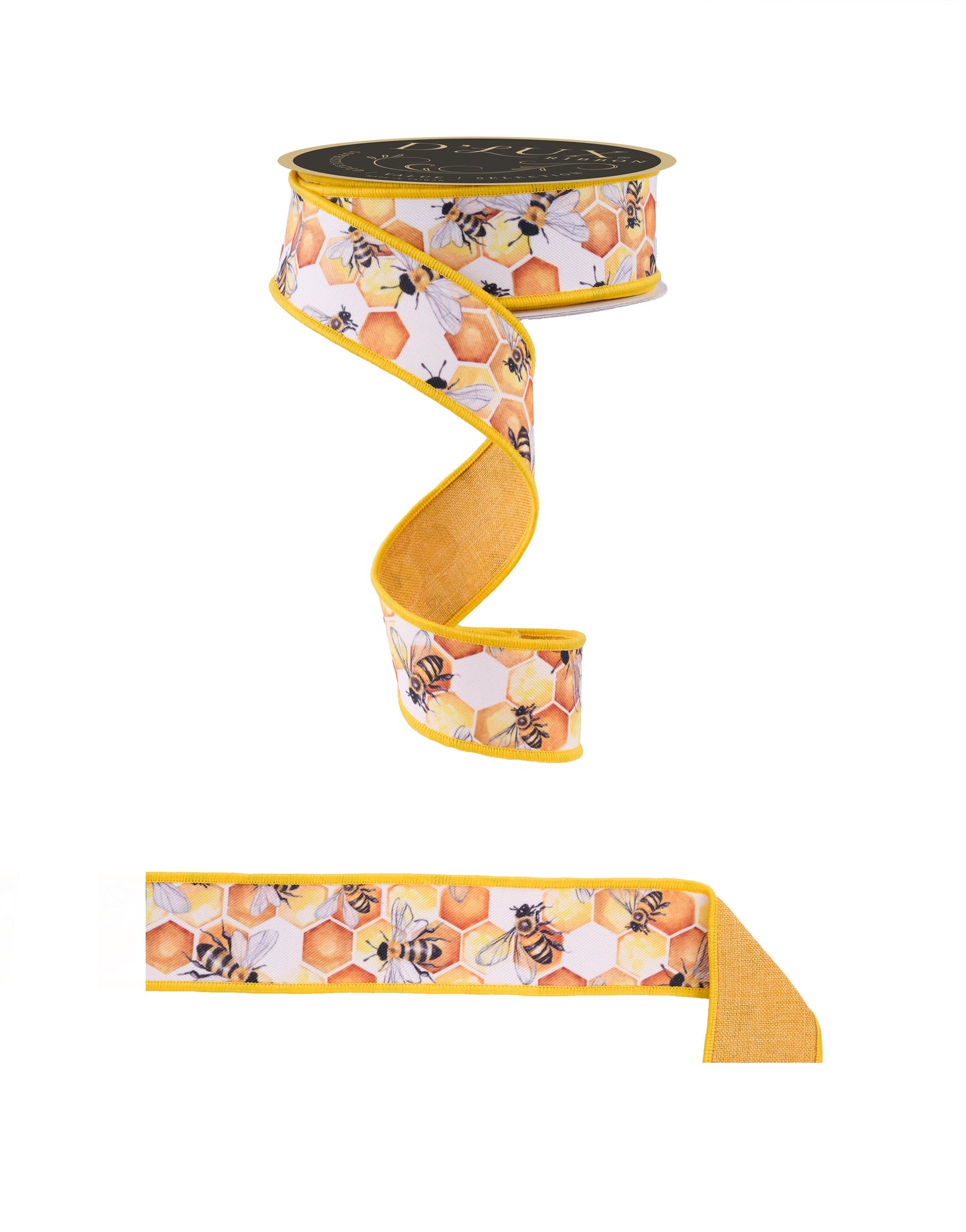 D'Lux Wired Ribbon * Honey Comb Bees/Fused/Double Sided * Mustard/Multi * 1.5" x 10 Yards * LX1025