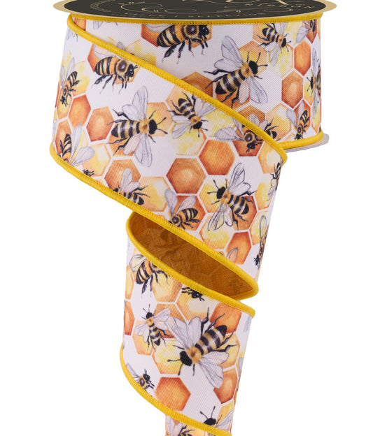 D'Lux Wired Ribbon * Honey Comb Bees/Fused/Double Sided * Mustard/Multi * 2.5" x 10 Yards * LX1025