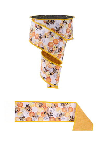 D'Lux Wired Ribbon * Honey Comb Bees/Fused/Double Sided * Mustard/Multi * 2.5" x 10 Yards * LX1025