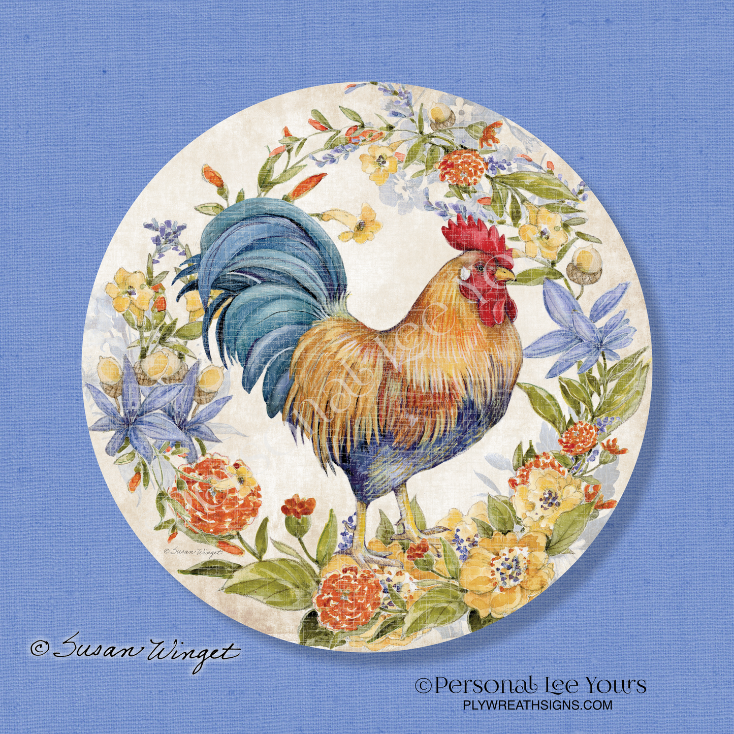 Susan Winget Exclusive Sign * Linen Blue Tail Rooster * Round * Lightweight Metal