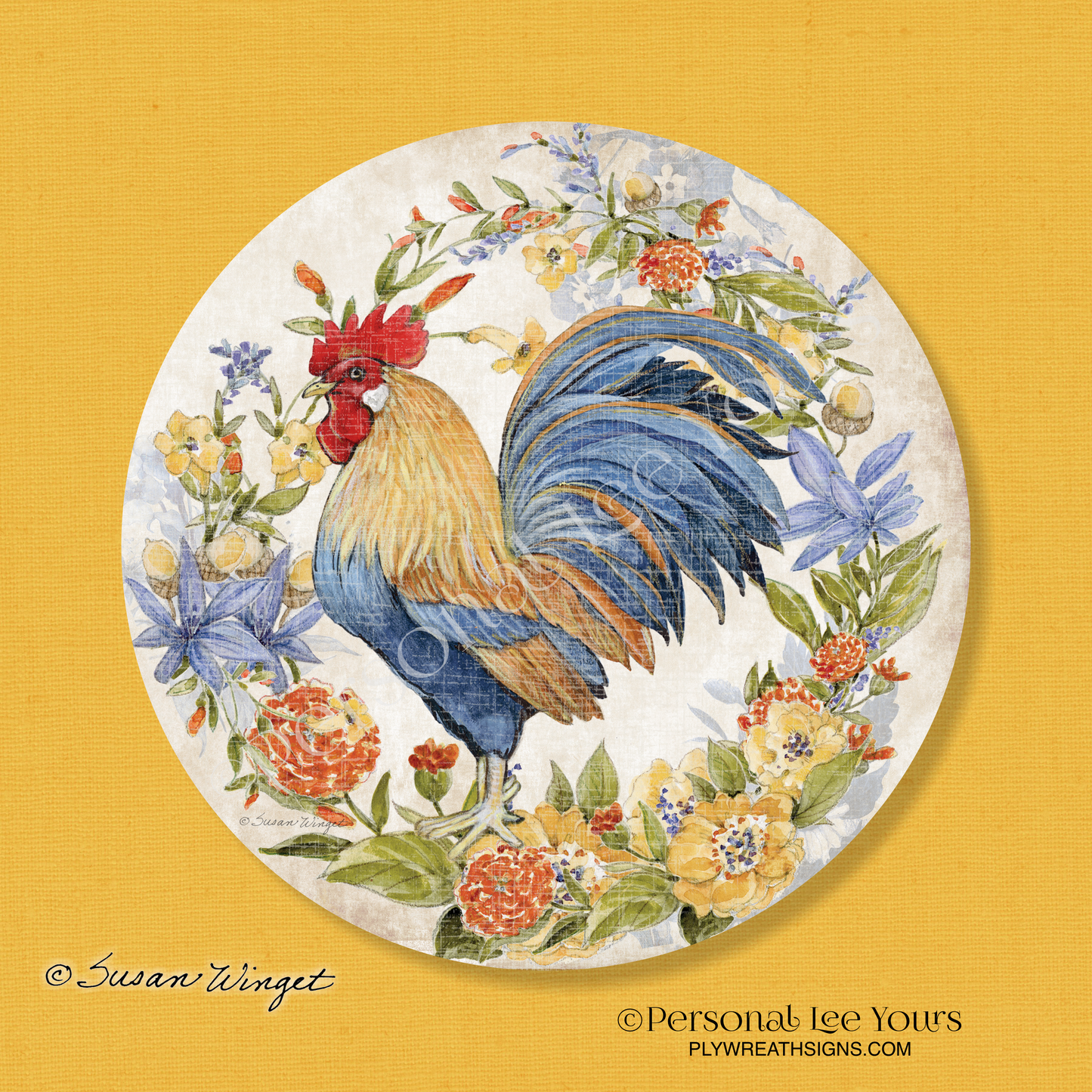 Susan Winget Exclusive Sign * Linen Blue and Gold Rooster * Round * Lightweight Metal