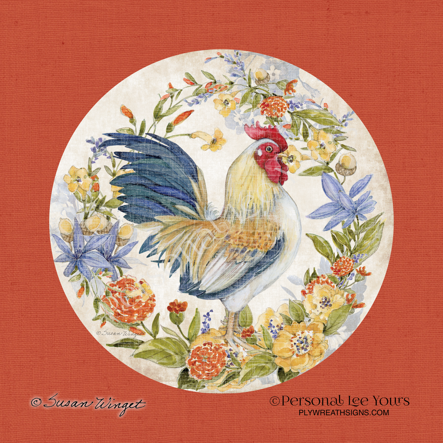 Susan Winget Exclusive Sign * Linen Blue and White Rooster * Round * Lightweight Metal