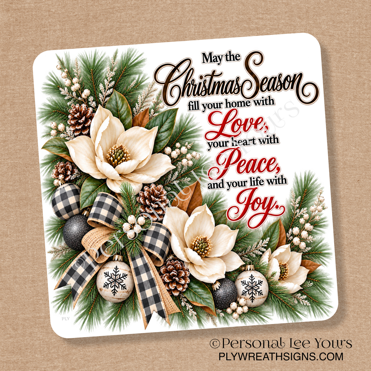 Christmas Wreath Sign * Love Peace Joy * Square * 3 Sizes * Lightweight Metal