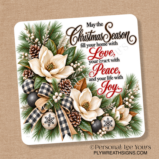 Christmas Wreath Sign * Love Peace Joy * Square * 3 Sizes * Lightweight Metal